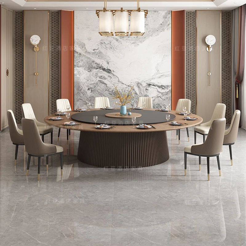 Hotel electric dining table large round table turntable rock slab 20 people hotel banquet hall commercial solid wood tables and