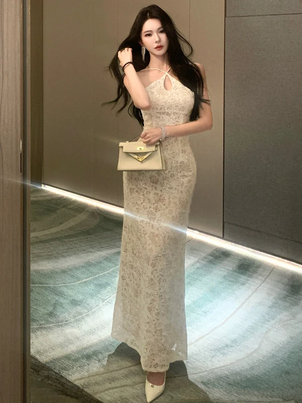 فستان سهرة أنيق من الدانتيل باللون البيج للنساء بدون أكمام بدون ظهر فستان حورية البحر فاخر للحفلات الراقصة فيستدوس رداء غاو #5