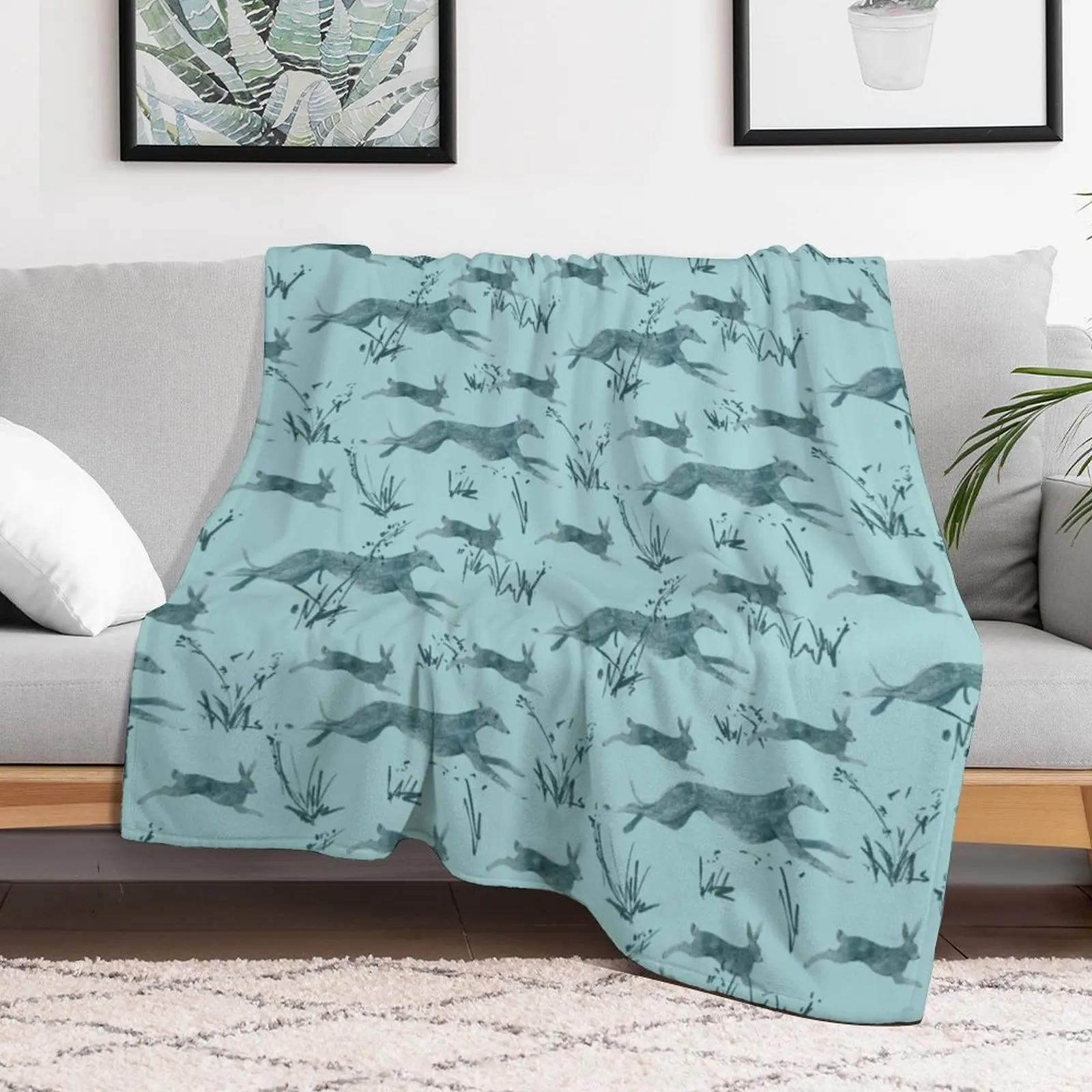 A galgo and a hare on turquise Throw Blanket