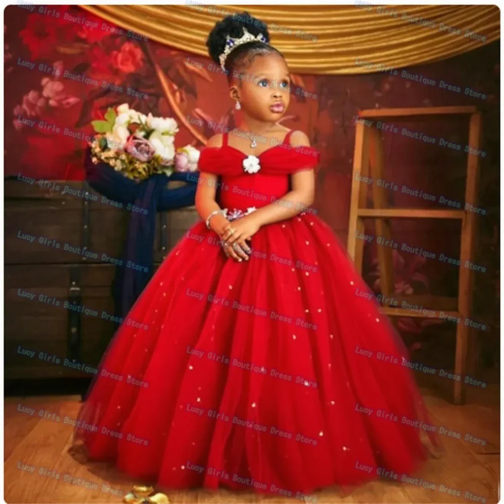 Elegant Flower Girl Dress Adorable Burgundy Pearl Spaghetti Straps Wedding Tulle Toddler Beauty Pageant Child Birthday Dresses