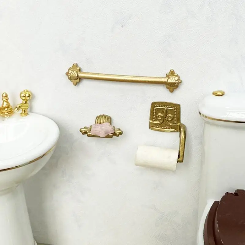 Juego accesorios escena baño en miniatura para casa muñecas, toallero Metal, soporte para pañuelos, dispensador