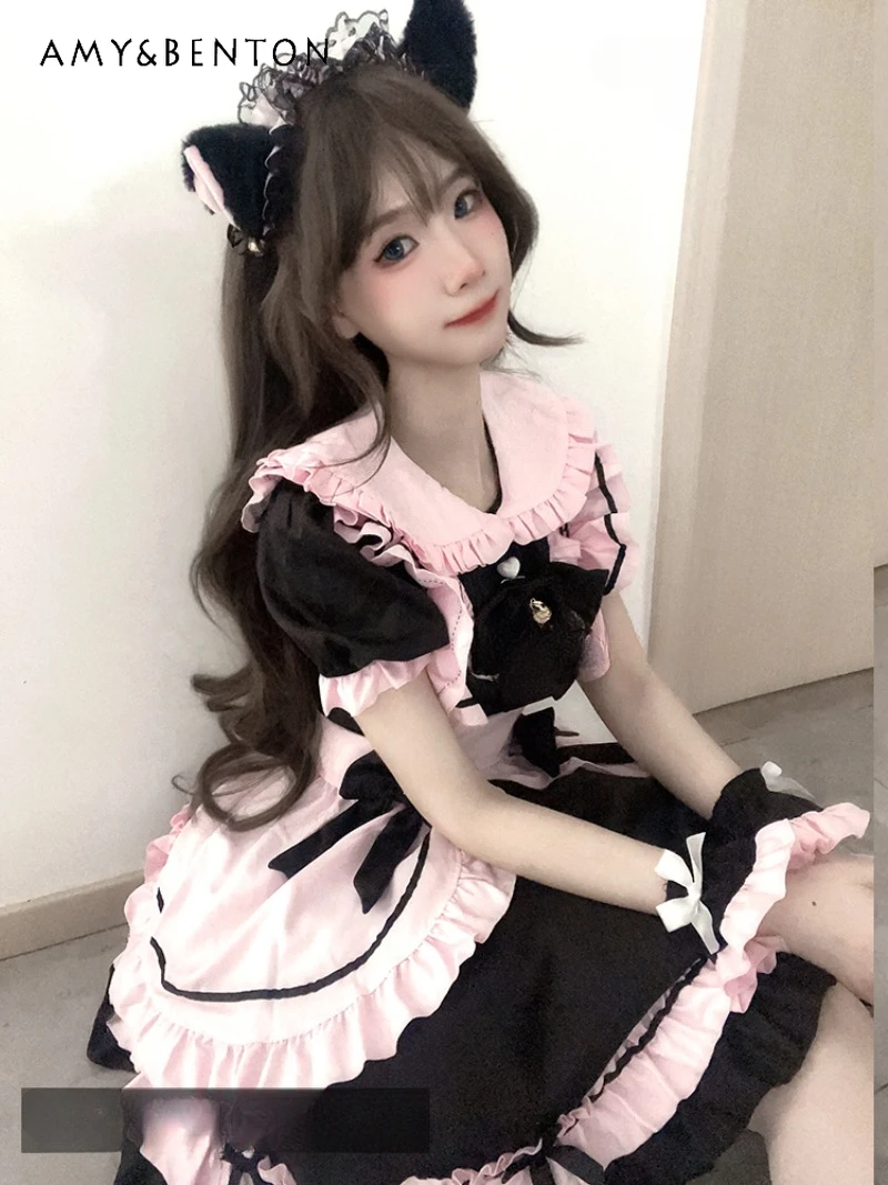 

2024 New Japanese Summer Original Bow Black Pink Color Matching Cute Maid Lolita Dress Suit For Women