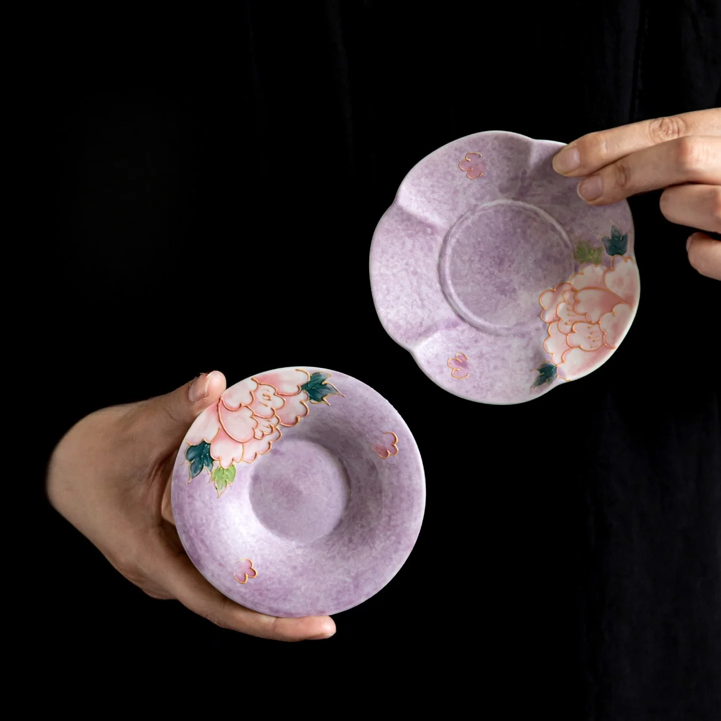Hand Painted Peony Lace Ceramic Coaster Lid Holder Anti Slip Heat Insulation Household Kung Fu Tea Teacup Desktop Accessory
