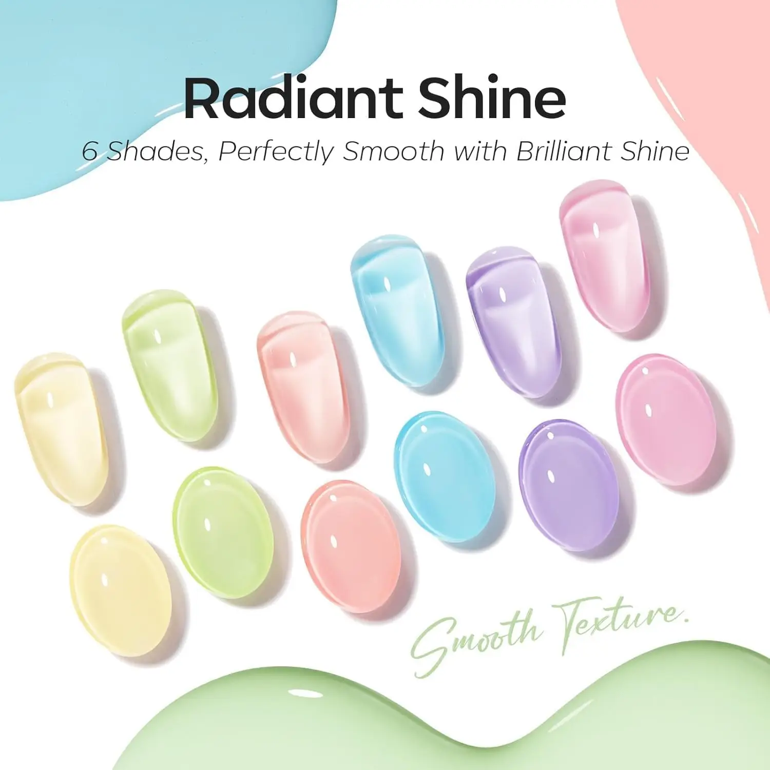 

Набор гель-лаков Modelones Hema Free Macaron: светло-розовый, пастельно-желтый, фиолетовый, нежно-голубой, зеленый. Весенняя коллекция 2026 для ногтей с фруктовым дизайном.