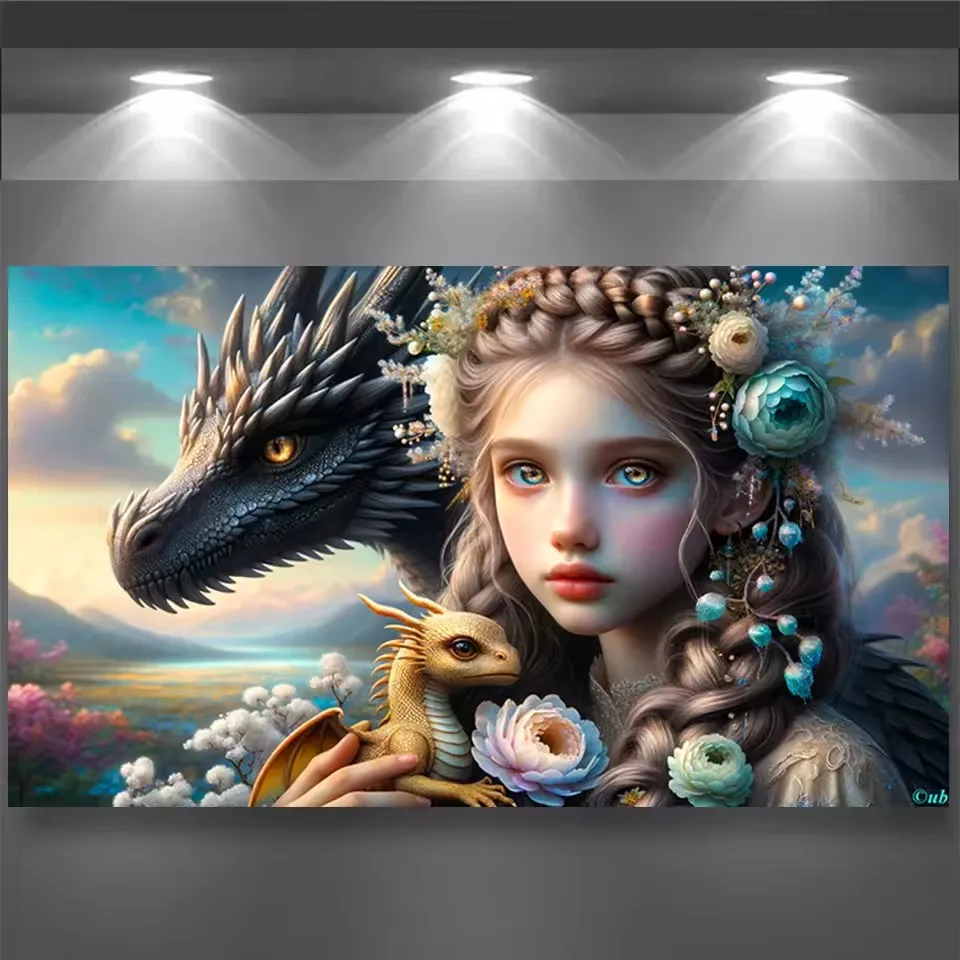 Increíble impresionante dragón negro y niña 5D DIY pintura de diamante mosaico de diamantes completo bordado retrato amigo regalo decoración del hogar
