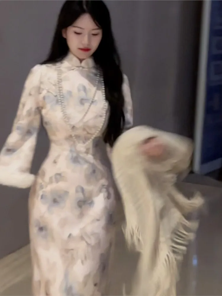 

Gentle and elegant thick wide-sleeved cheongsam dress