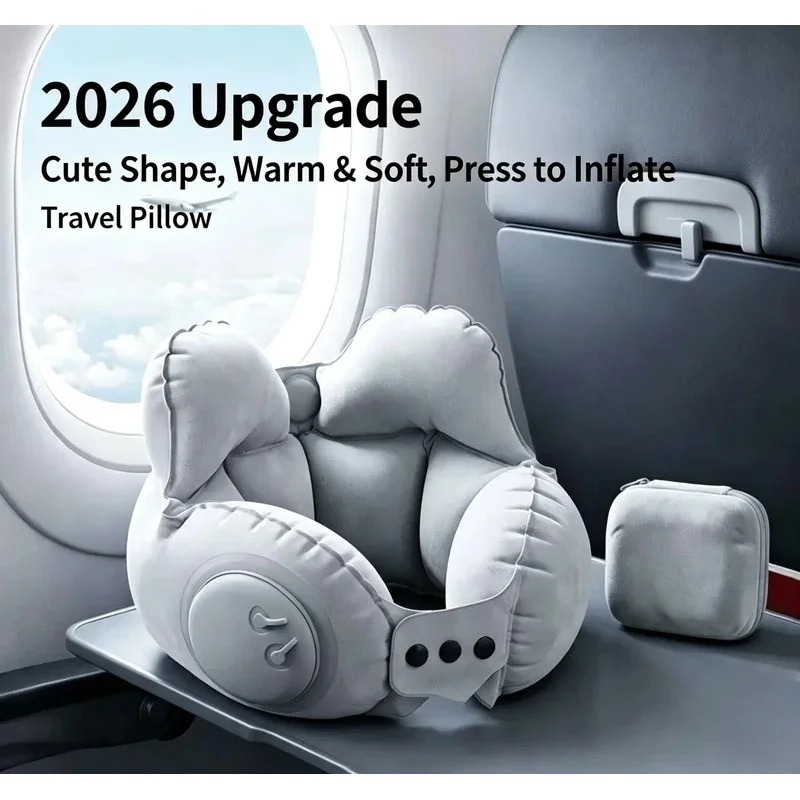 Inflatable U Shaped Travel Neck Pillow, Press Pump Velvet Portable Headrest for Airplane Car gallery 4
