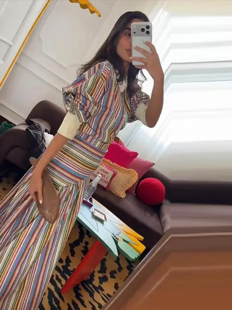 Boho Colorful Stripe Shirt Maxi Dress Sets Turndown Collar Single Breasted Fitted Long Sleeve Flowy Women Dresses 2026 Outfits view 6