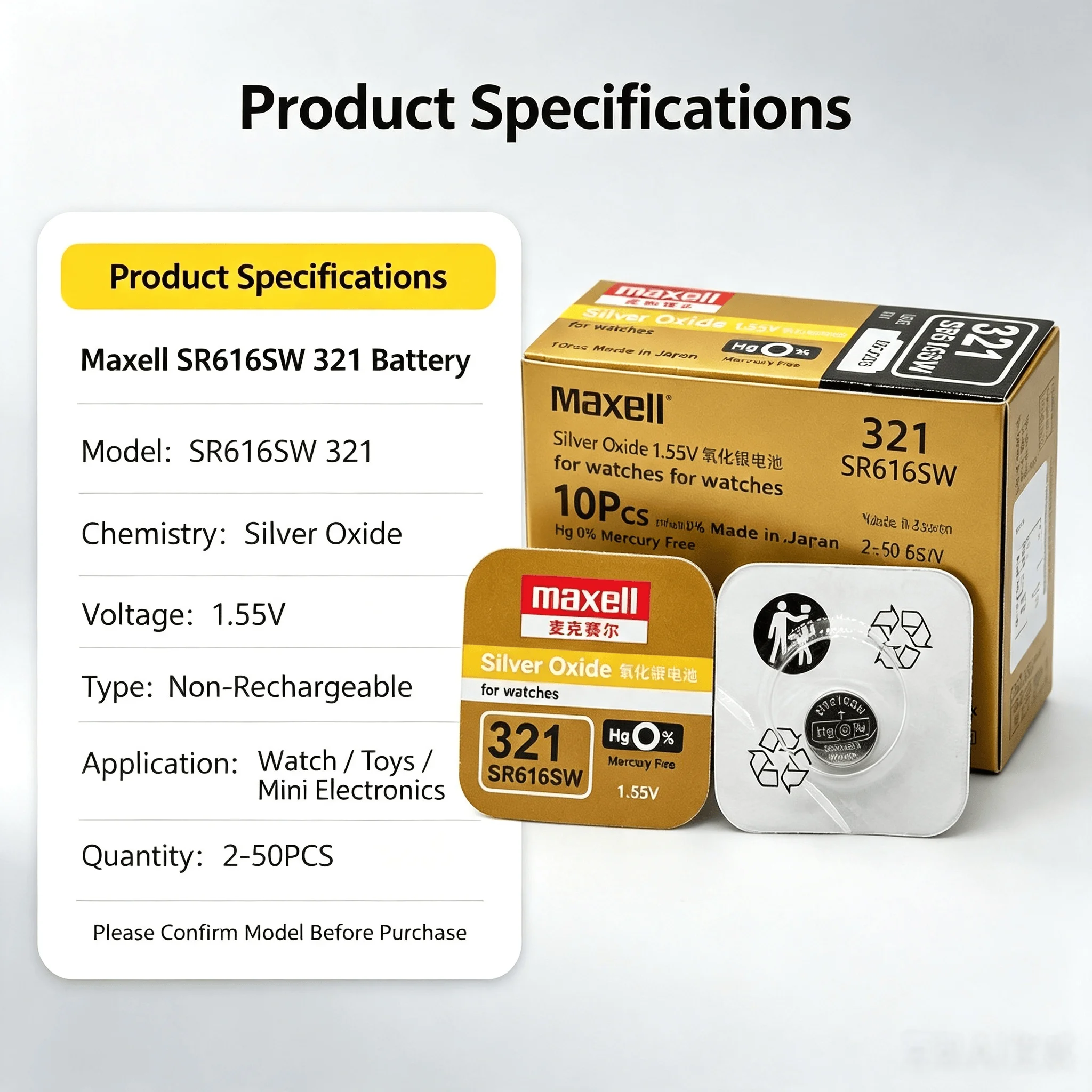 Maxell SR616SW 321 Silver Oxide Button Batteries 2-50PCS Non-Rechargeable Long Life for Wrist Watches Toys Mini Gadgets view 4