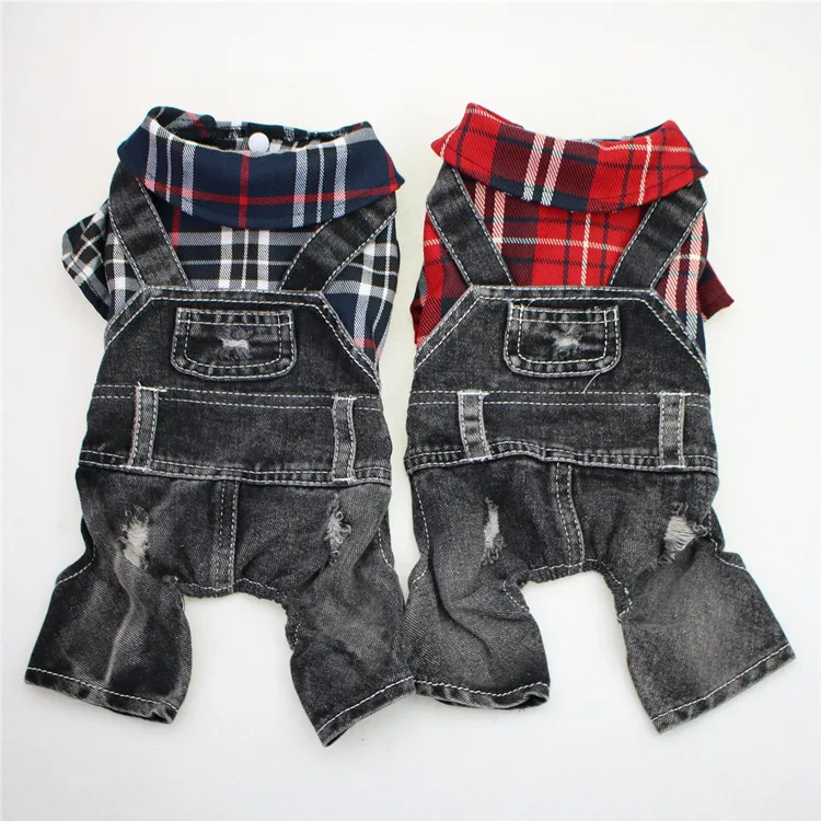 Black Dog Denim Jumpsuit Plaid Shirt Overalls for Dogs, Spring Clothes for Small Dogs Puppy Yorkie Jeans Jacket Pet Apparel