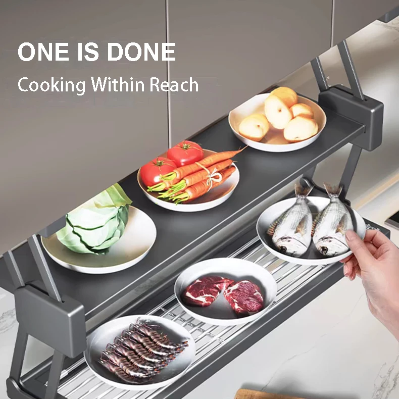 Custom Modern Steel Folding Kitchen Storage Rack Extendable Kitchen Cabinet Organizer Pull Down Food Prep Shelf