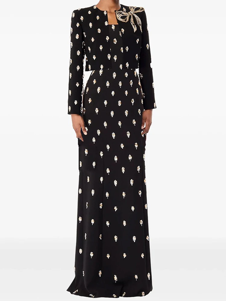

HIGH STREET Newest Fashion 2026 Vestido Women's Beaded Wrapped Chest Long Maxi Dress +Short Jacket