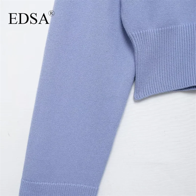 EDSA Women Solid Cropped Knitted Sweater Pullovers Vintage O-Neck Long Sleeves Female Chic Lady Tops