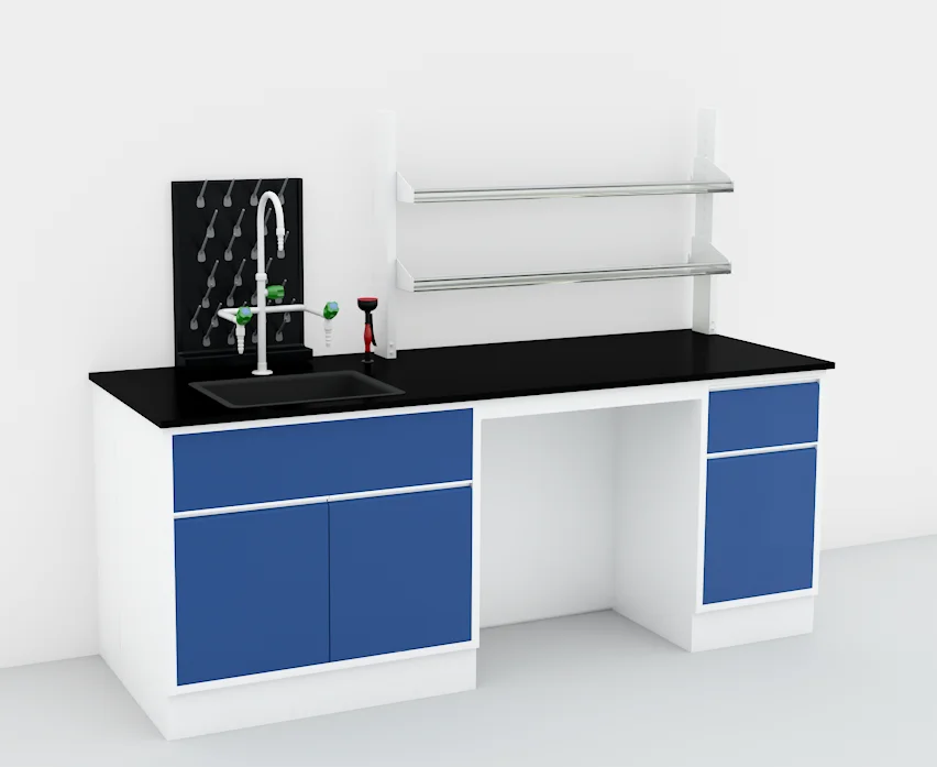 Banco de laboratorio de pared montado en el suelo LB-FM-10 con estantes para reactivos/grifo de agua/grifo