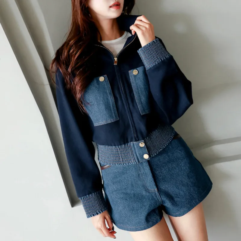 [EWQ] Vintage Style Patchwork Denim Design Long Sleeve Knit Coat Fashion Chic Outerwear Women Short Jacket 2024 Autumn New O2872