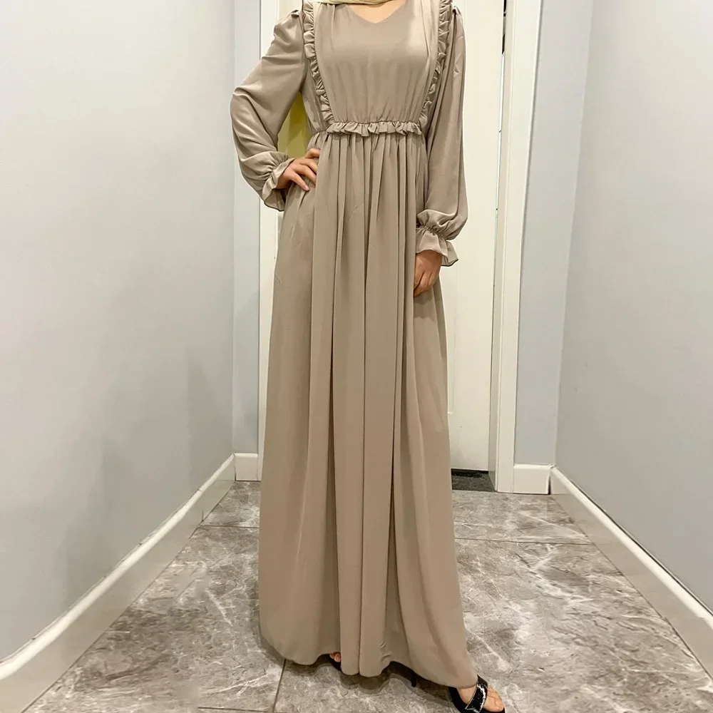 

Muslim Abaya Ruffled Long-sleeved Dress for Women Solid Chiffon Long Dress Casual Loose Long Sleeve Women Abaya Islamic Clothing