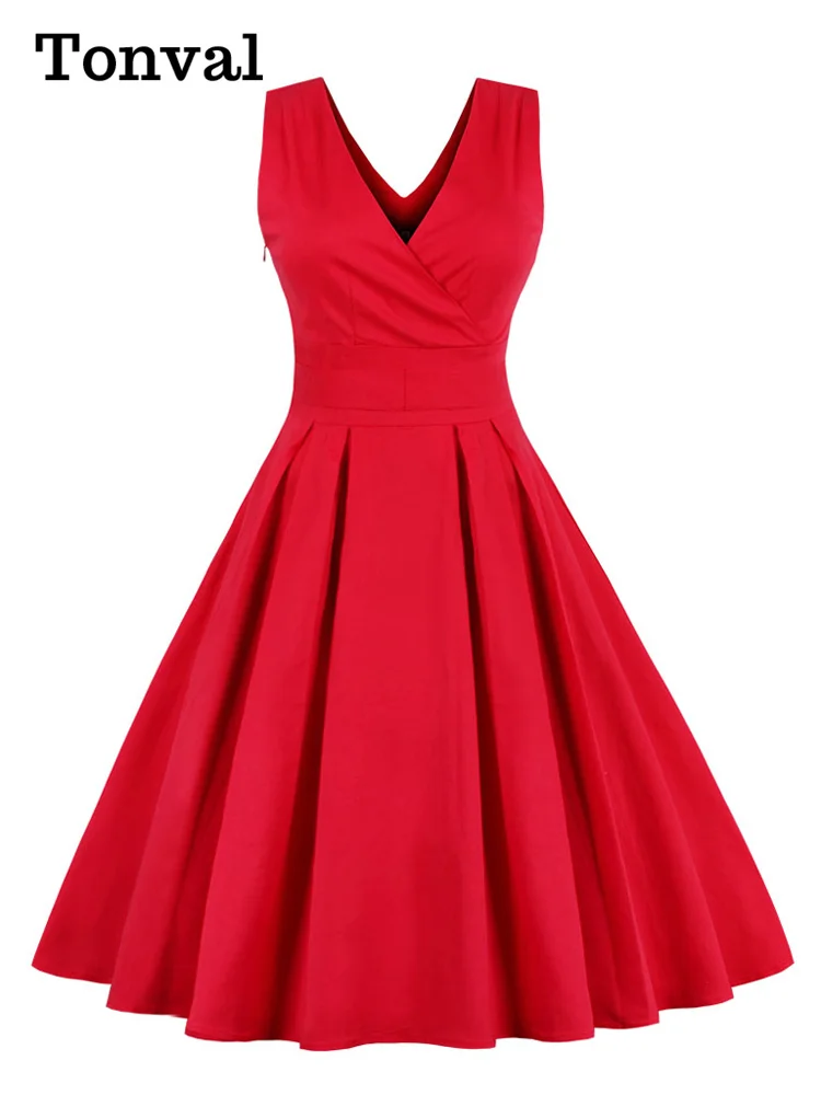 

Tonval Red Pleated Plain Solid Vintage Dress Women Wrap V-Neck Belted Elegant Party Retro Cotton Summer Dresses