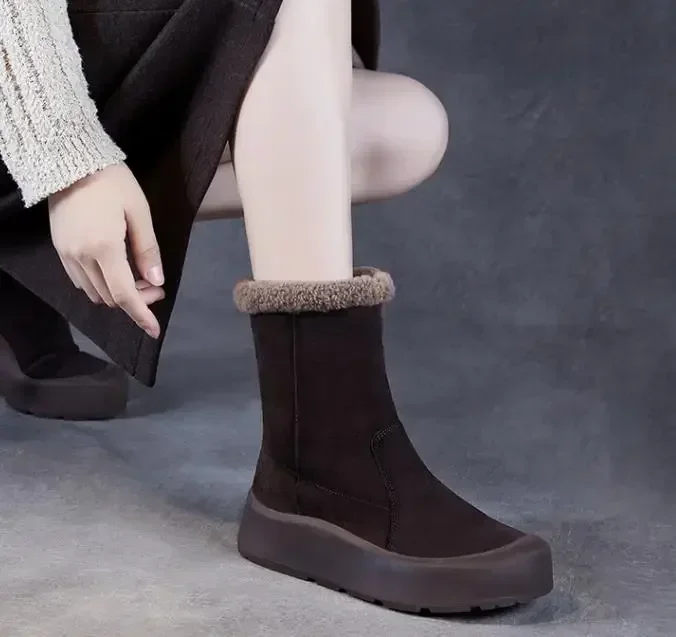 Alta qualidade 4cm camurça vaca couro genuíno moda outono primavera mulheres tornozelo botas mocassins senhoras inverno sapatos de pelúcia chaminé