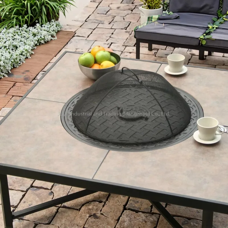 Steel Frame Dining Firepit Table 4 Chairs Modern Design Outdoor Furniture Set Comfortable Courtyard Villa