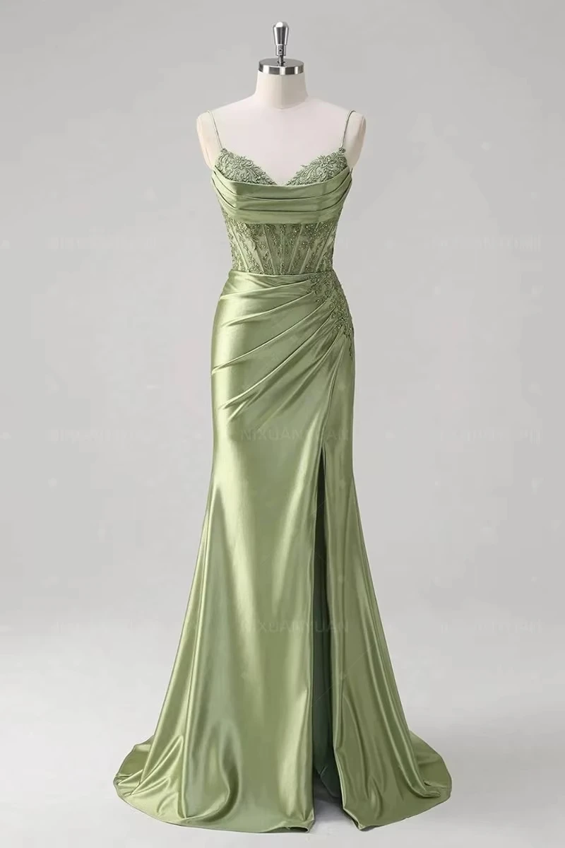 Spaghetti-Strap Bridesmaid Dresses 2026 Satin Sleeveless Backless Applique Pleated Mermaid Split Wedding Guest Dress Customized