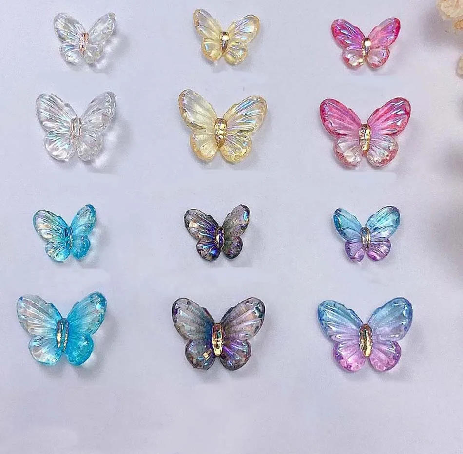 30pcs AB Crystal Butterfly Nail Art Charm 3D Aurora Shining Gradient Butterfly Nail Decoration DIY Kawaii Nail Accessories