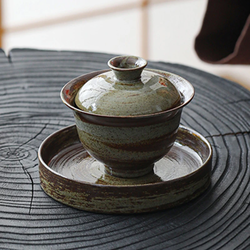 XH102 Handmade Rough Pottery Covered Bowls, Household Tea Making Bowls, Retro Sancai, Kung Fu Tea Sets