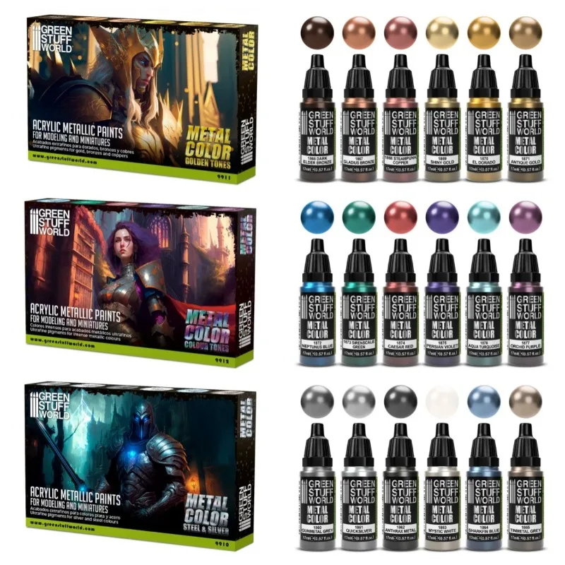 Green Stuff World Metallic Acrylic Paint Set 6x17ML Water Based Model Paint for Miniature Figure Brush Airbrush Hobby Supplies