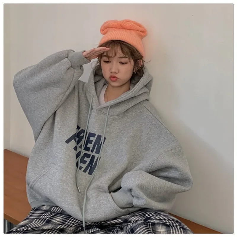 Winter Oversized Fleece Hoodies Women 2023 Streetwear Vintage Hooded Sweatshirt Long Sleeve Warm Letter Graphic Hoodie for Women