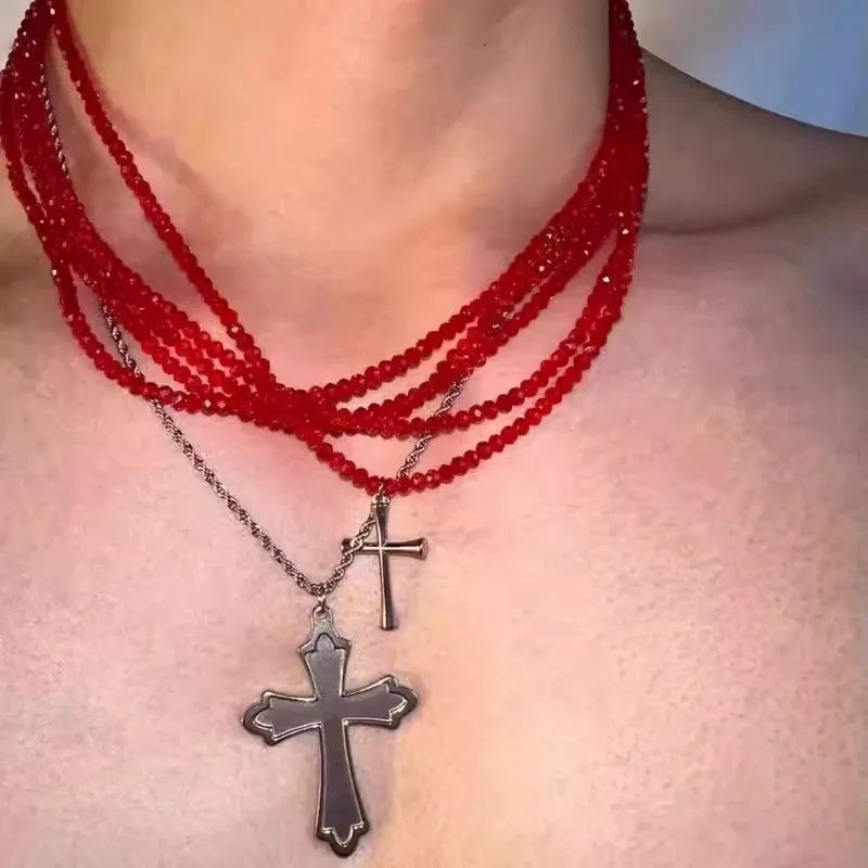 Dark Gothic Red Multi Layered Beaded Cross Pendant Necklace Universal Accessories for Men and Women in Street Shoots Attractive