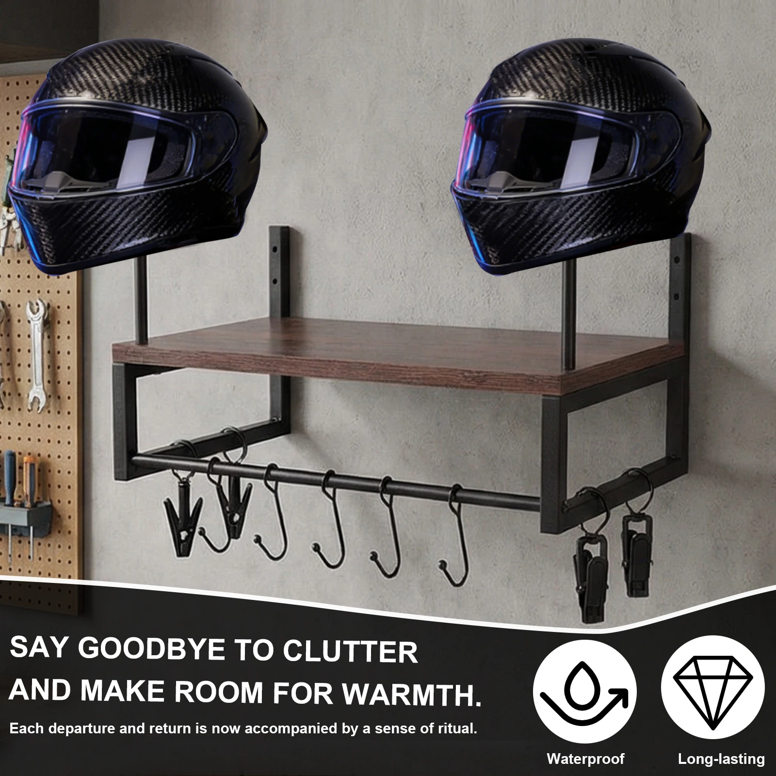 

Wooden Motorcycle Helmet Holder with Hooks Moto Gear Storage Rack Wall Mounted Metal Helmets Stand for Hanging Gloves Keys