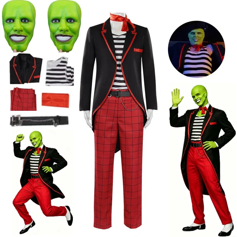 

The Mask Cosplay Costume Stanley Ipkiss Horror Clown Black Tuxedo Suit Jim Carrey Mask Outfit Halloween Party Role Play Costumes