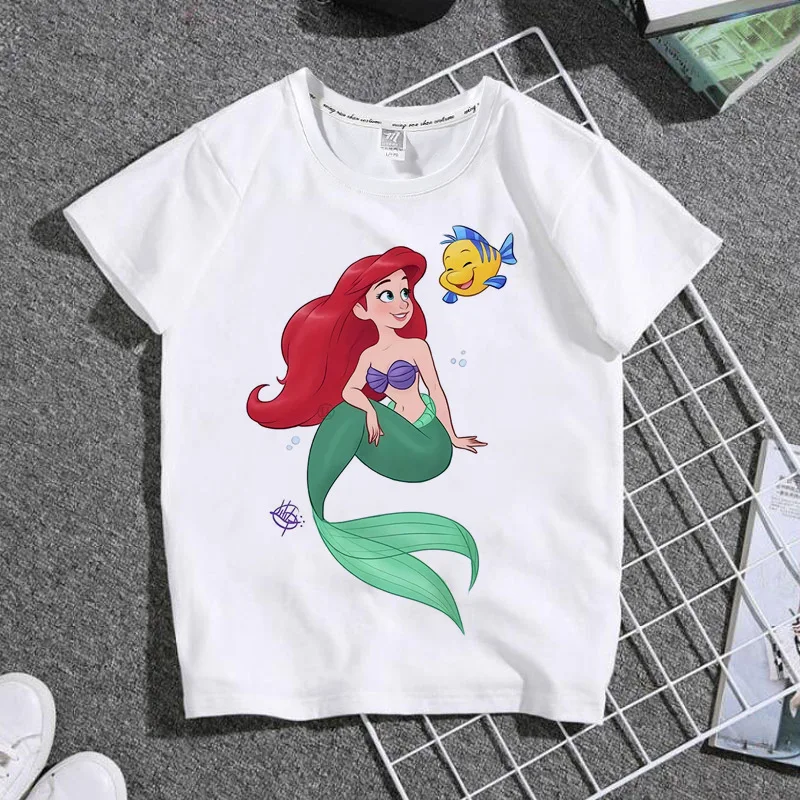 Disney Mermaid Princess Print Kids T-Shirt 2024 Cute Cartoon Summer Cotton Short Sleeve New Comfortable High Quality Top Fashion