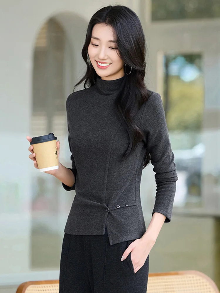 신상품 여성용 심플함 베이직 티셔츠 가을 겨울 패션 하프 하이 칼라 긴팔 웜 티셔츠 캐주얼 데일리 티셔츠 여성용