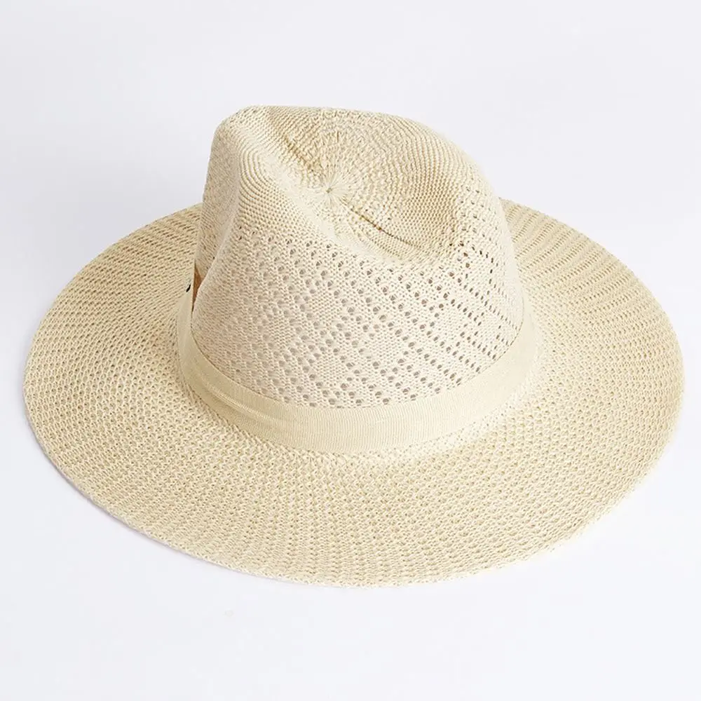 Summer Men Breathable UV Protect Sun Protection Bowknot Panama Wide Brim Cowboy Hat Straw Hat Sunscreen Cap Middle-aged