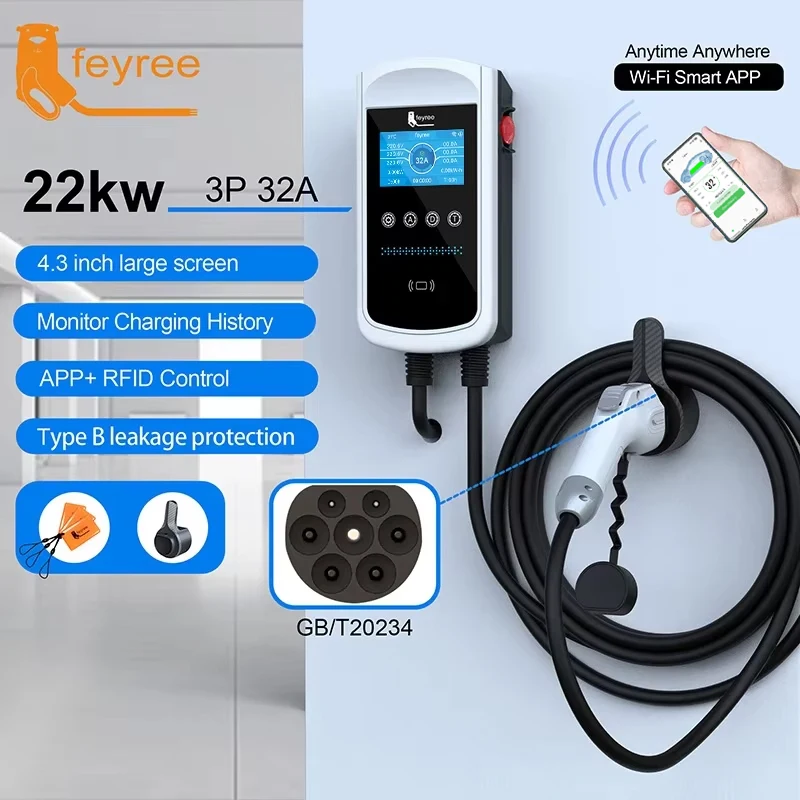 feyree EV Charger GB/T Socket 7.6kw 32A Wallbox 4.3 inch Big Screen APP Charge History Record 11kw 22kw 3 Phase Charging Station