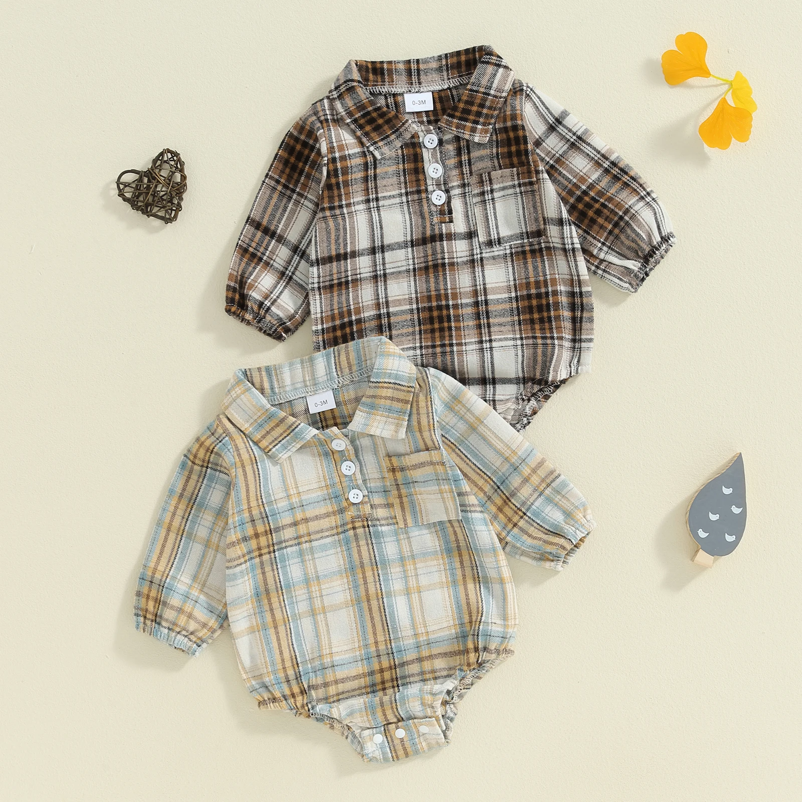 Baby Clothing Boy Christmas Plaid Romper Pocket Lapel Neck Long Sleeve Front Single-breasted Jumpsuit For Newbron Xmas Clothes