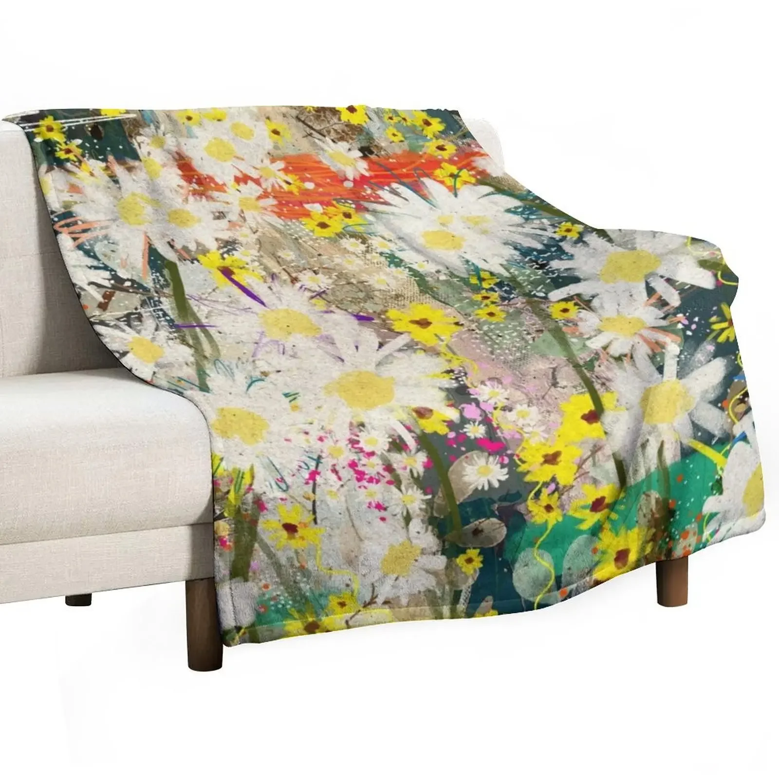 

Vintage Daisies - Rustic Floral Design - Contemporary Abstract Flower Art Throw Blanket Vintage Summer Blankets