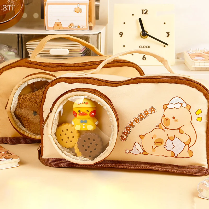 Cartoon Capybara Handheld Pencil Case Large Capacity Pencil Pouch Zippers Creative Stationery Storage Pencil Case School Supplie
