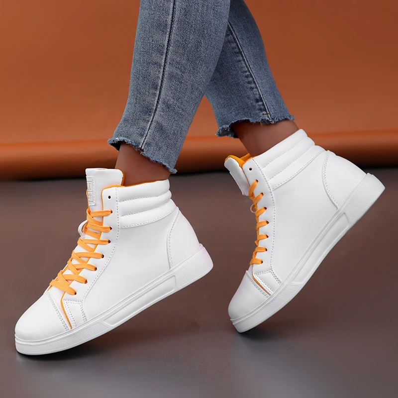 2024 New Design Men\'s Skateboard Sneakers Fashion High Top Shoes Men Platform Sneakers Comfortable PU Leather Men White Sneakers