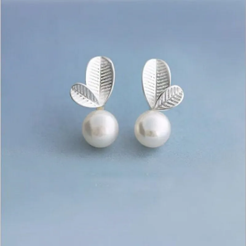 New Arrival Temperament Fine Fashion 925 Sterling Silver Jewelry Pearl Sweet Cute Leaves Earrings Female Anti-allergic  E003