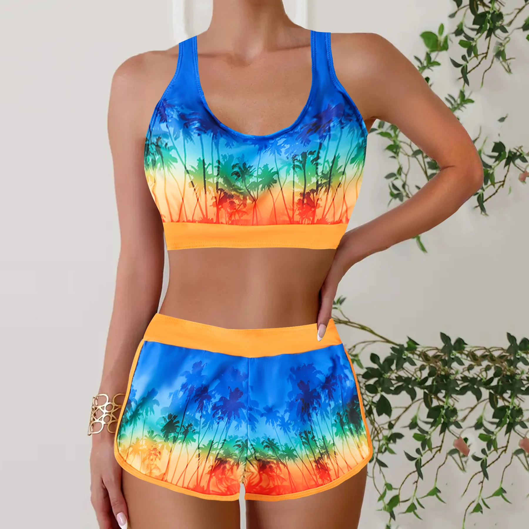 Conjunto de Bikini con estampado Tropical de dos piezas para mujer, traje de baño para vacaciones de verano, Tankini con estampado para mujer, traje de baño para playa de verano