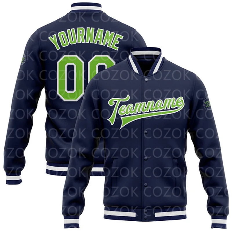 

Custom Dark blue 3D Printed Baseball Button Jacket Bomber Full-Snap Varsity Letterman Jacket