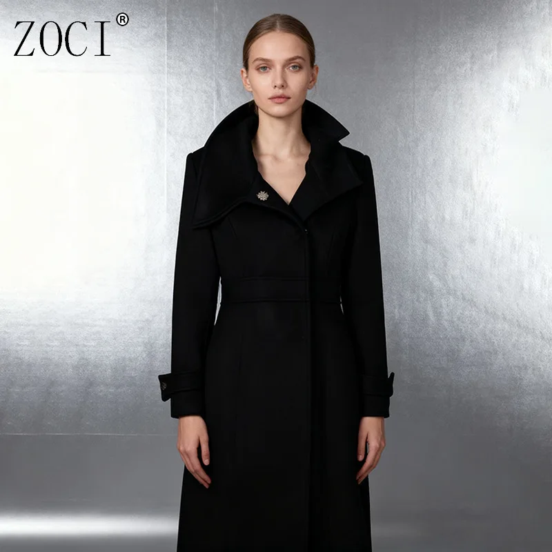 

ZOCI Women's Solid Color Woolen Overcoats Casual Warm Lapel Long Jackets Single Button Female Long Sleeve Coat 2025 Winter New