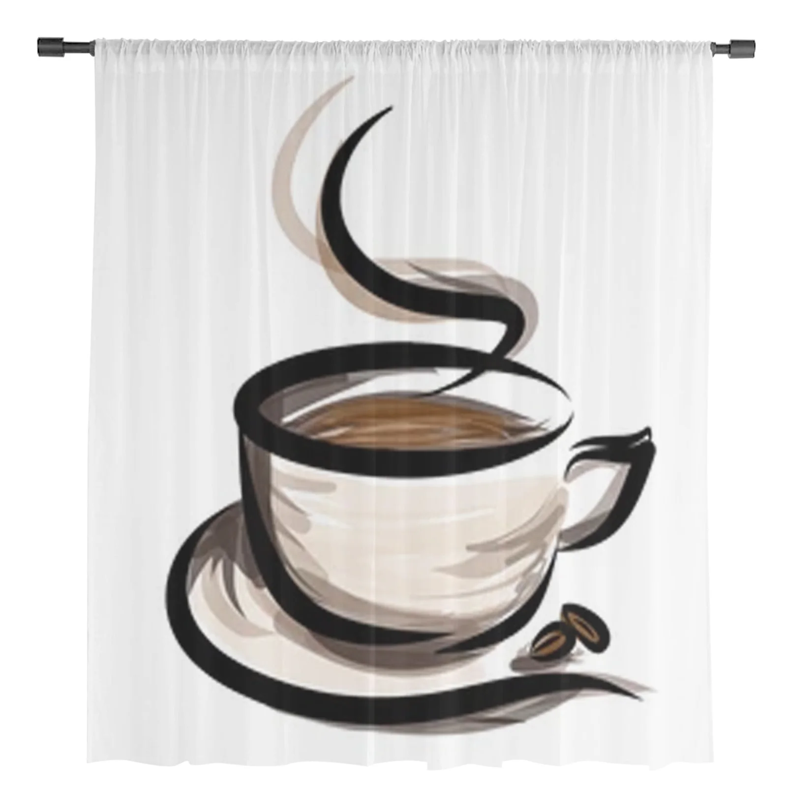 Coffee Illustration Chiffon Sheer Curtains For Living Room Bedroom Decor Kitchen Window Voiles Tulle Curtain