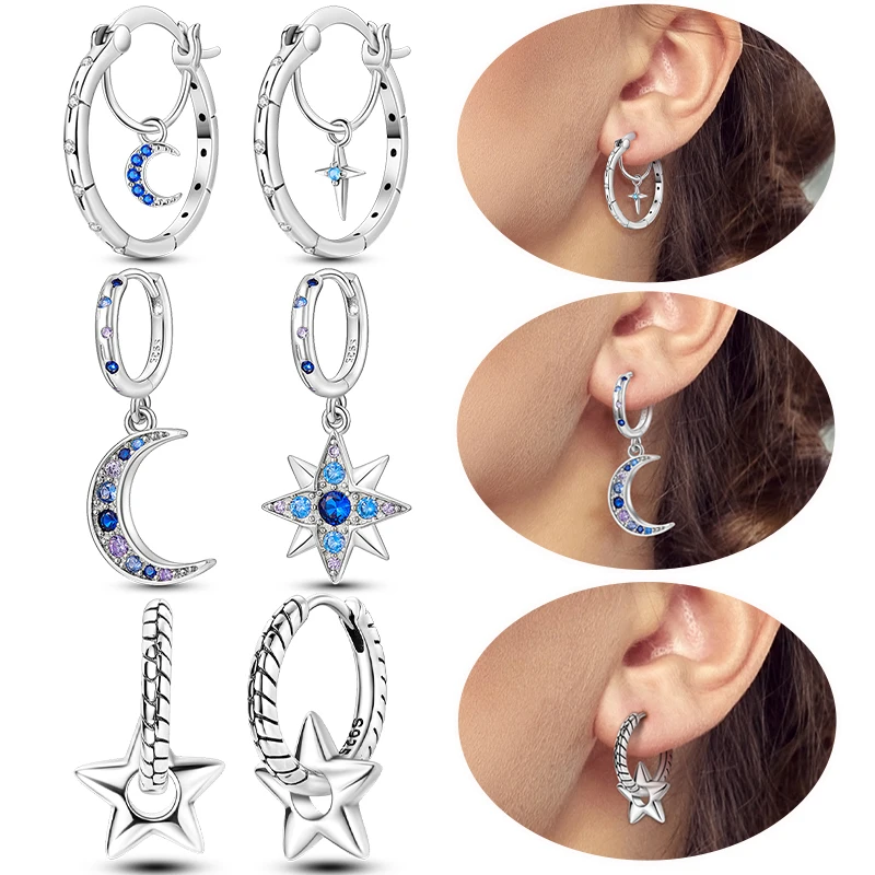 

925 Sterling Silver Star Moon Pendants Earrings For Women Sparkling Blue Zircon Luxury Earrings Elegant Party Birthday Jewelry