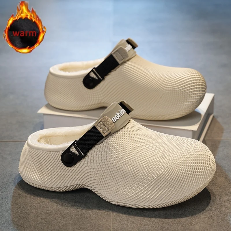 Men Women Winter Fleece Lined Clogs Waterproof EVA Slip On Mules Warm Plush Lining Slippers Thick Sole Non-slip Home Cotton Shoe