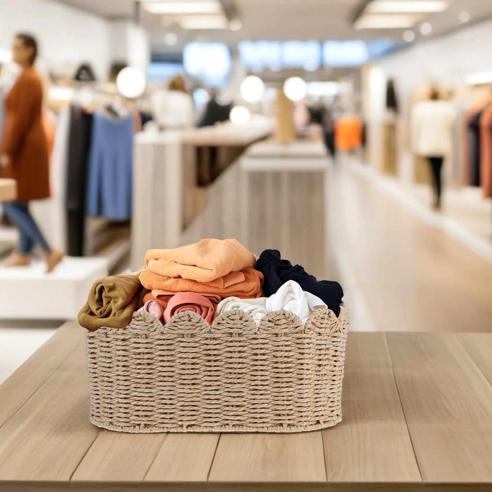 

Paper Rope Woven Storage Basket Fan-Shaped Edge Large Capacity Multipurpose Nursery Bedroom Bathroom Organizer Basket for Home