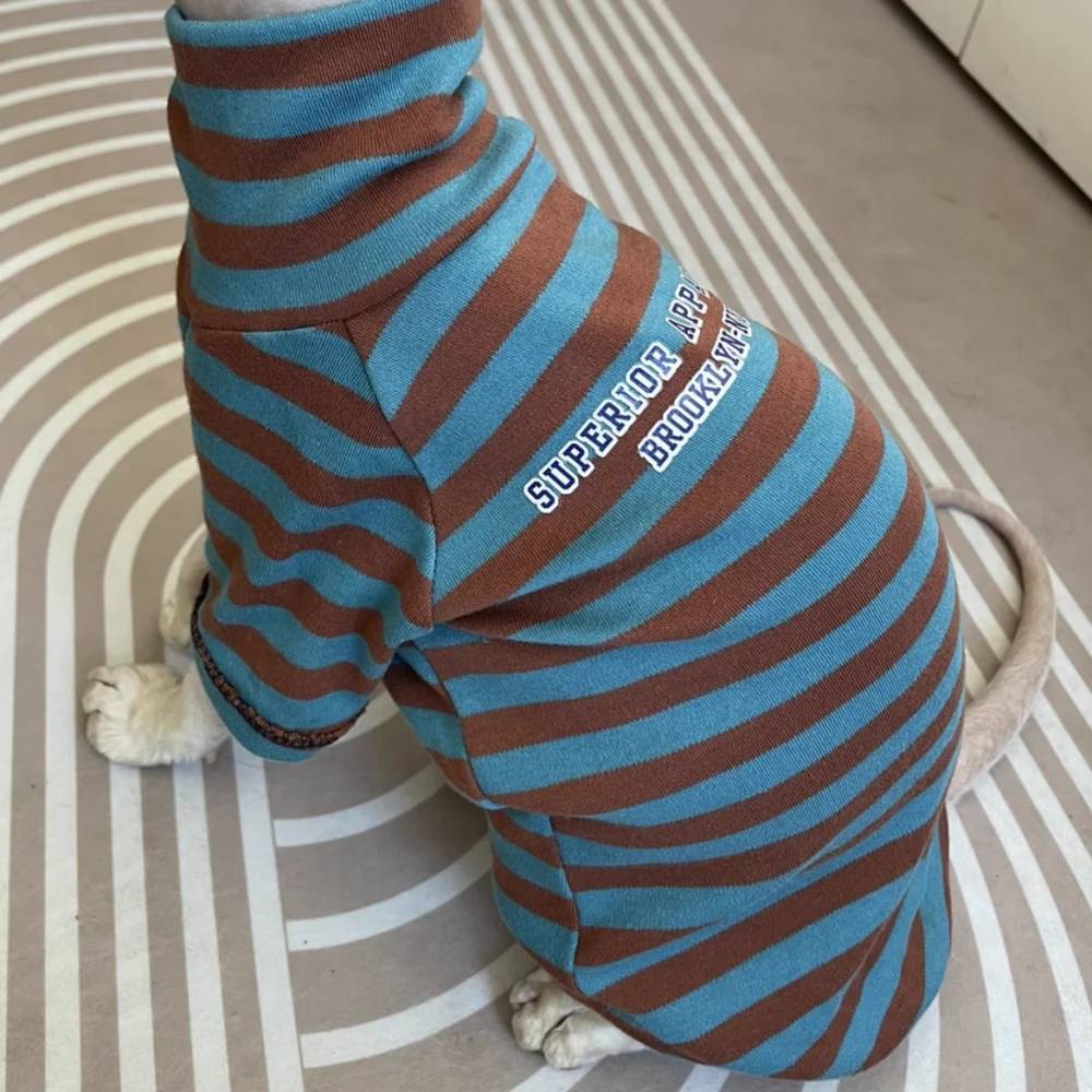 Sphynx Cat Clothes Striped Coat for Male Cat Soft Blue high-neck winter undershirt For Devon Rex Long Sleeves Loungewear Spring