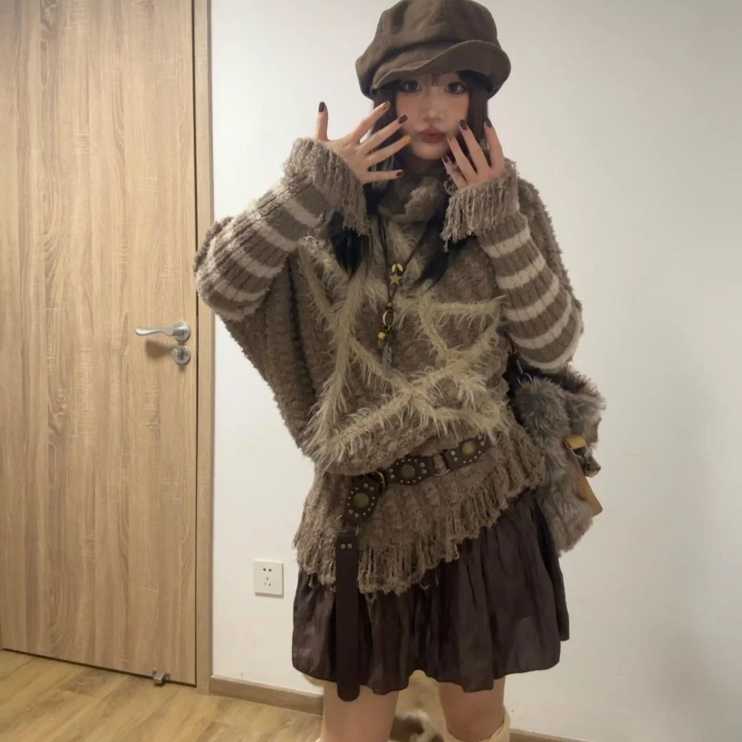 Herfst en winter nieuwe retro punk straat opstandig wandelen gevoel pentagram streep losse gebreide trui voor dames