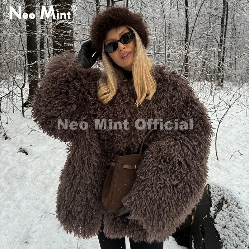 Neo Mint Winter 2026 Hot Chocolate Fluffy Chunky Sheep Fur Coat Women Oversized Overcoat Outerwear Ins Street Fashion Fur Jacket